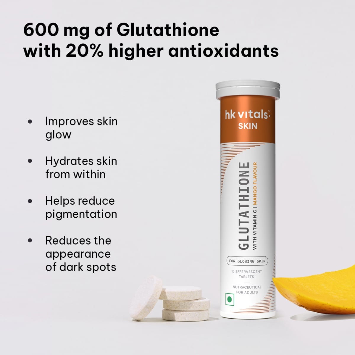 HK Vitals Glutathione (Mango, 15 Effervescent Tablets) | L-Glutathione  Tablets with Vitamin C & E