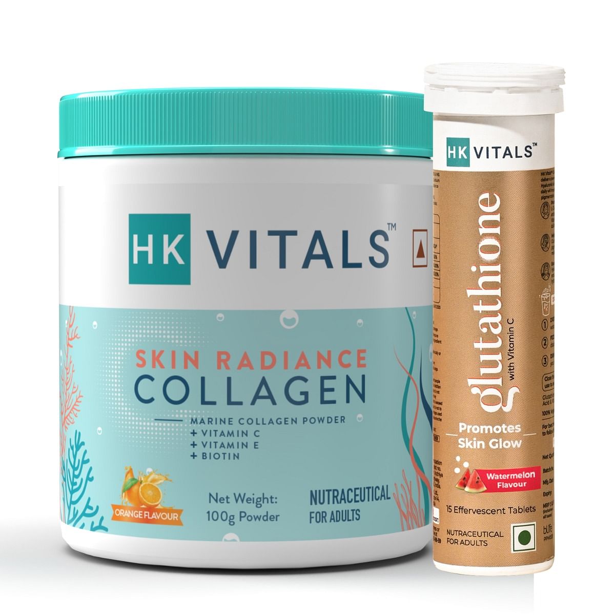 

HK VITALS Marine Collagen Supplement (Orange, 100g) & Glutathione Effervescent (Watermelon, 15 Tablets) | Combo Pack