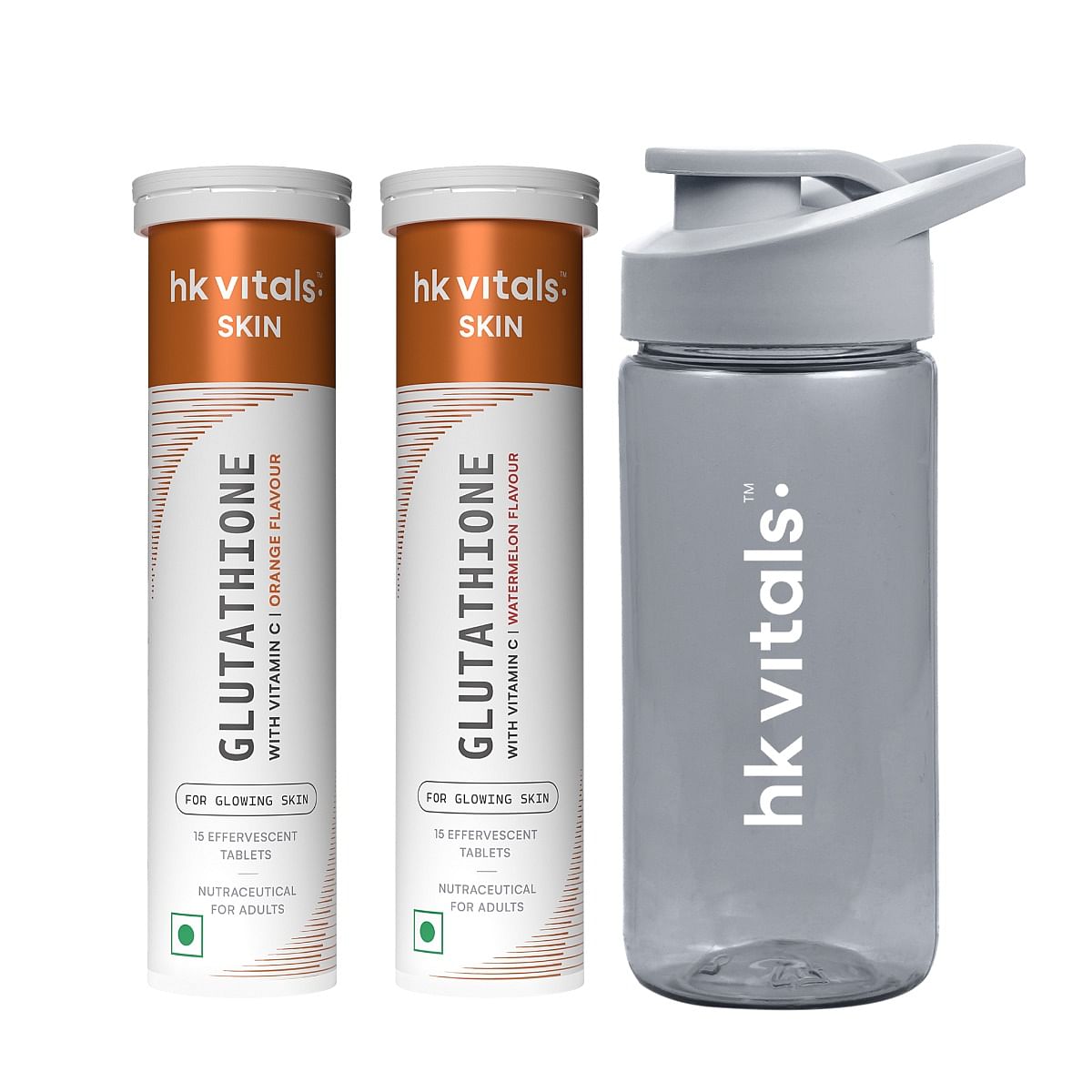 

HK Vitals Glutathione (Watermelon, 15 Effervescent Tablets) with Glutathione (Orange, 15 Effervescent Tablets) & Sipper Bottle | L-Glutathione Tabl...