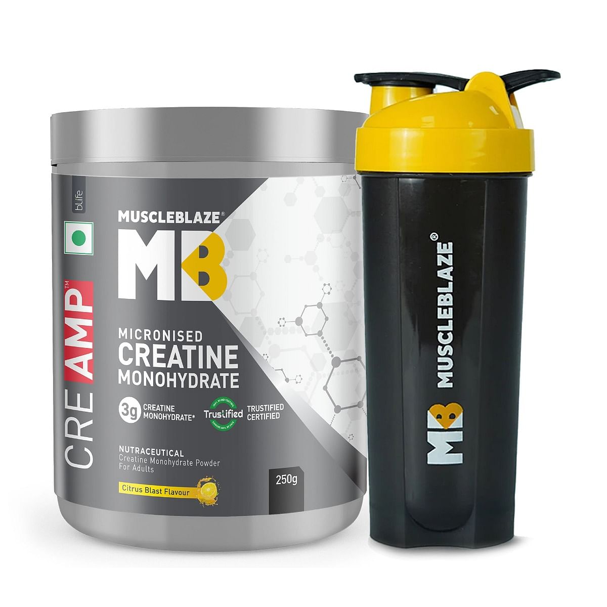 

MuscleBlaze Creatine Monohydrate CreAMP™ with CreAbsorb™, Trustified Certified (250 g, Citrus Blast, 62 Servings) with Shaker, 650ml (Combo Pack)