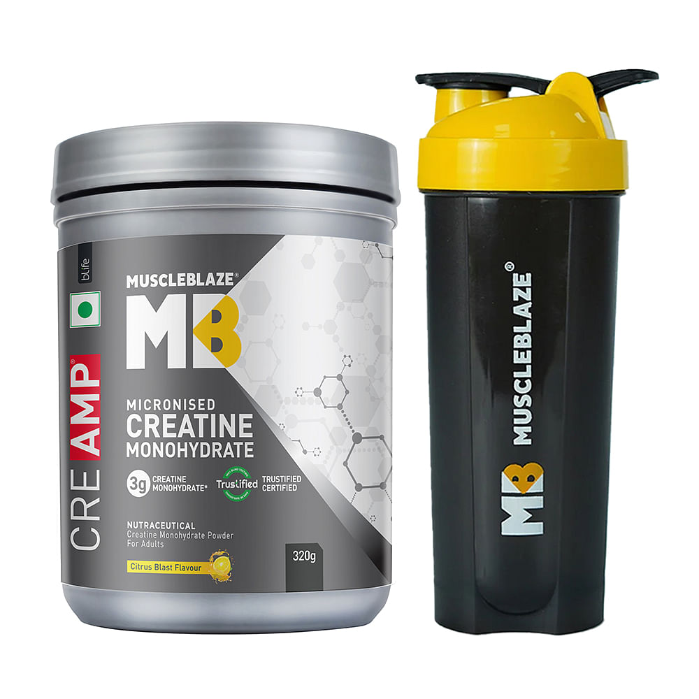 

MuscleBlaze Creatine Monohydrate CreAMP™ with CreAbsorb™, (320g, Citrus Blast, 80 Servings) with Shaker, 650ml (Combo Pack)