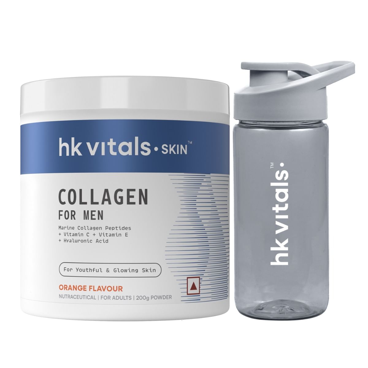 

HK Vitals Marine Collagen for Men Supplement (Orange, 200g) With Sipper Bottle | Vitamin C, E, Sodium Hyaluronate | For Youthful & Glowing Skin