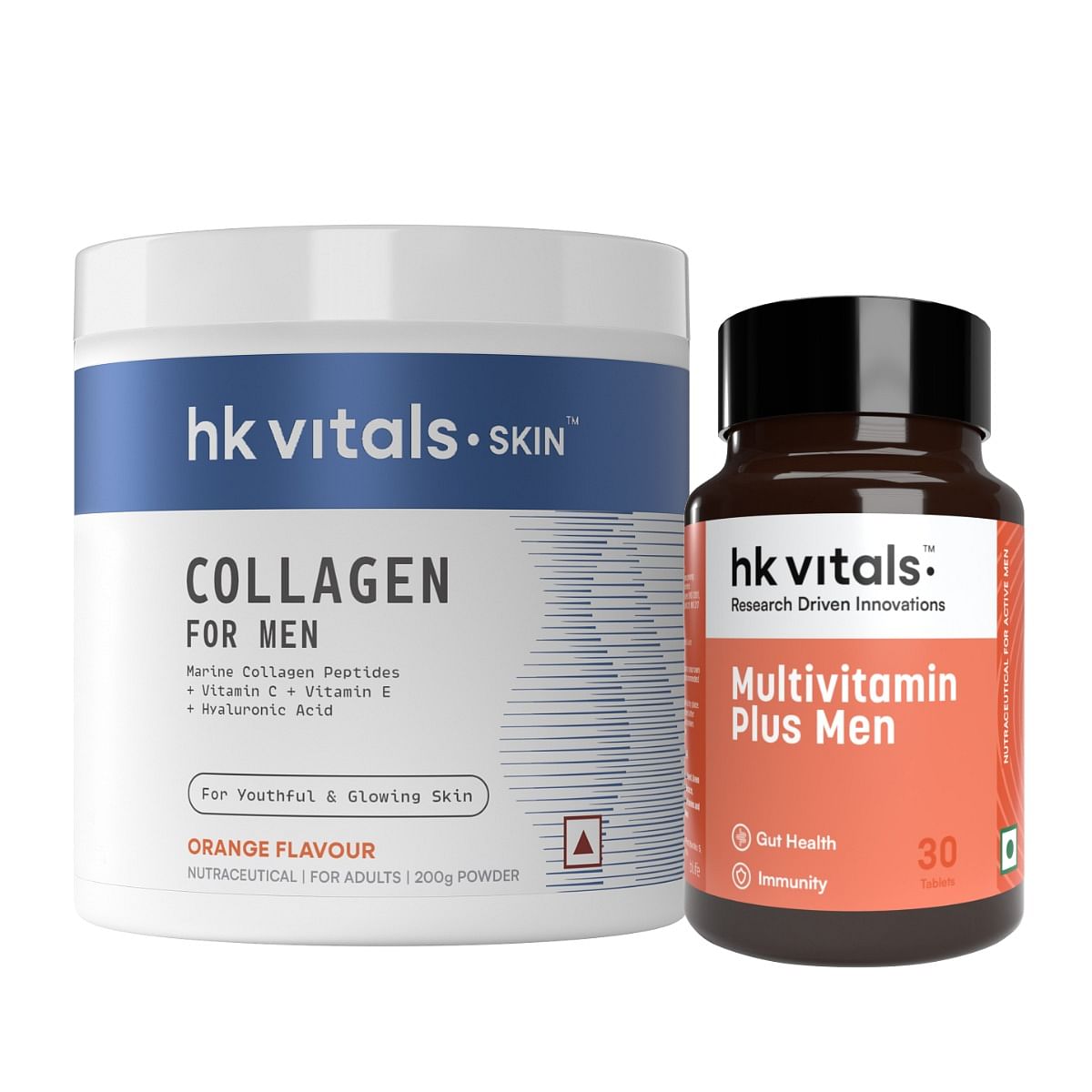 

HK Vitals Marine Collagen for Men Supplement (Orange, 200g) with Multivitamin Plus Men (30 Tablets) | Vitamin C, E, Sodium Hyaluronate | For Youthf...