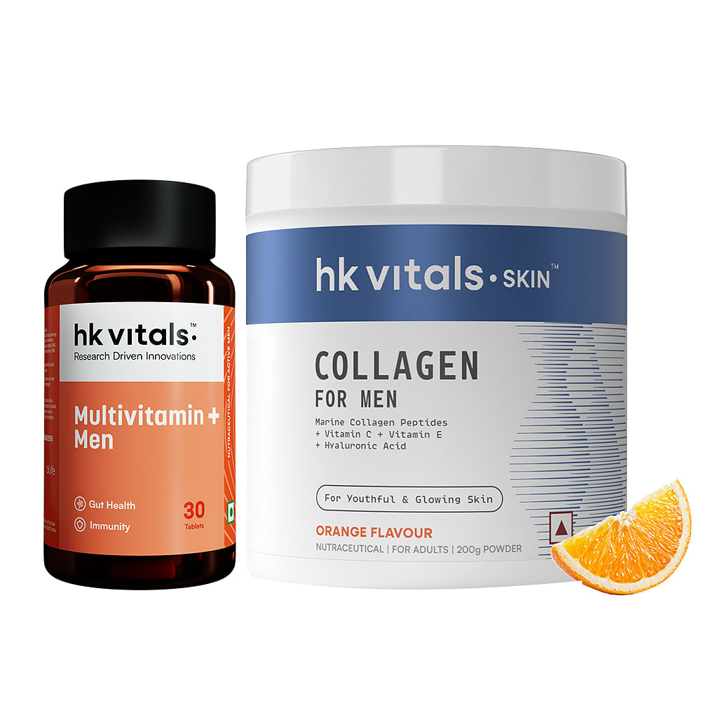 

HK Vitals Marine Collagen for Men Supplement (Orange, 200g) with Multivitamin Plus Men (30 Tablets) | Vitamin C, E, Sodium Hyaluronate | For Youthf...