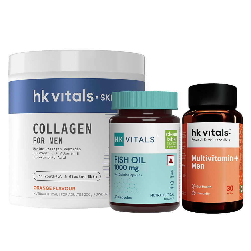 

HK Vitals Marine Collagen for Men Supplement (Orange, 200g) with Fish Oil (30 Capsules) & Multivitamin Plus Men (30 Tablets) | Vitamin C, E, Sodium...