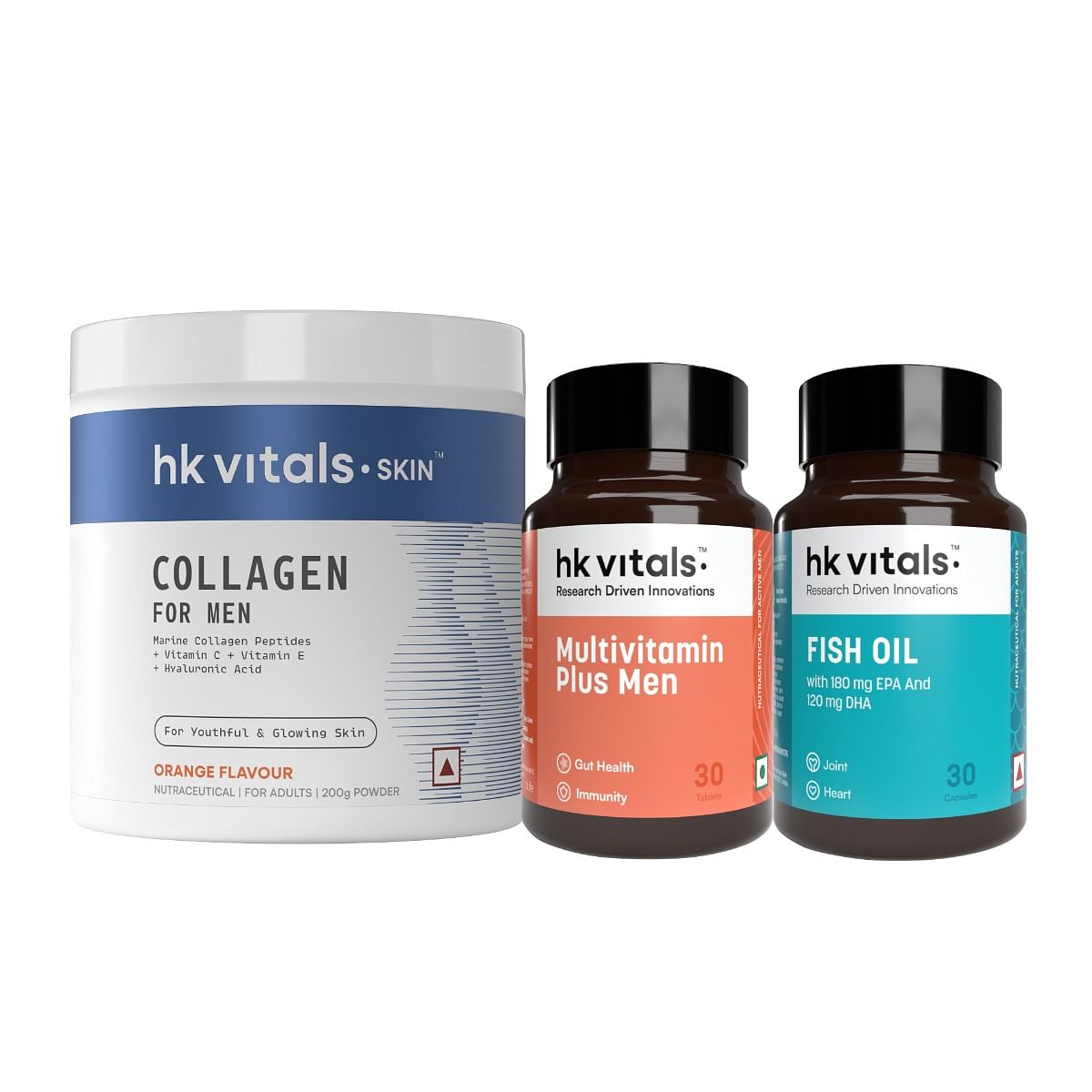 

HK Vitals Marine Collagen for Men Supplement (Orange, 200g) with Fish Oil (30 Capsules) & Multivitamin Plus Men (30 Tablets) | Vitamin C, E, Sodium...