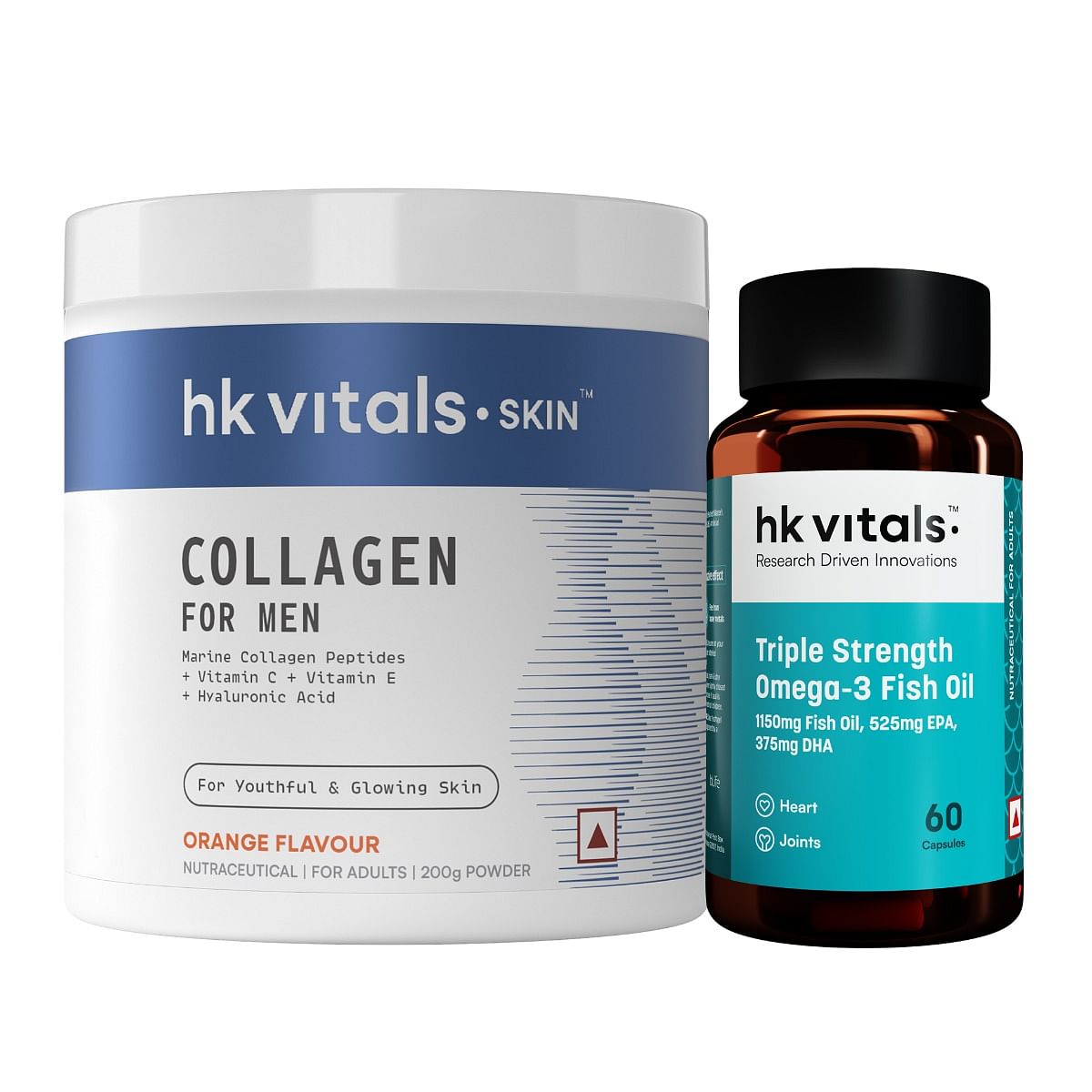 

HK Vitals Marine Collagen for Men Supplement (Orange, 200g) with Triple Strength Omega-3 Fish Oil Supplement (60 Capsules) | Vitamin C, E, Sodium H...