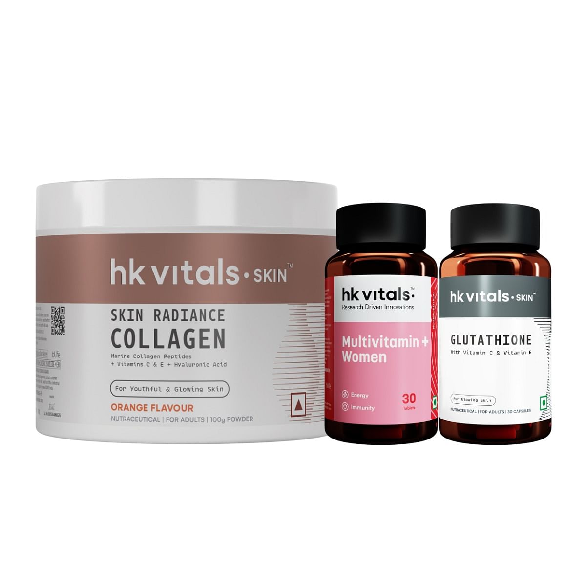 

HK Vitals Multivitamin Plus Women (30 Tablets) with Glutathione (30 Veg Capsules) & Skin Radiance Collagen Supplement with Biotin, Orange, 100 g | ...