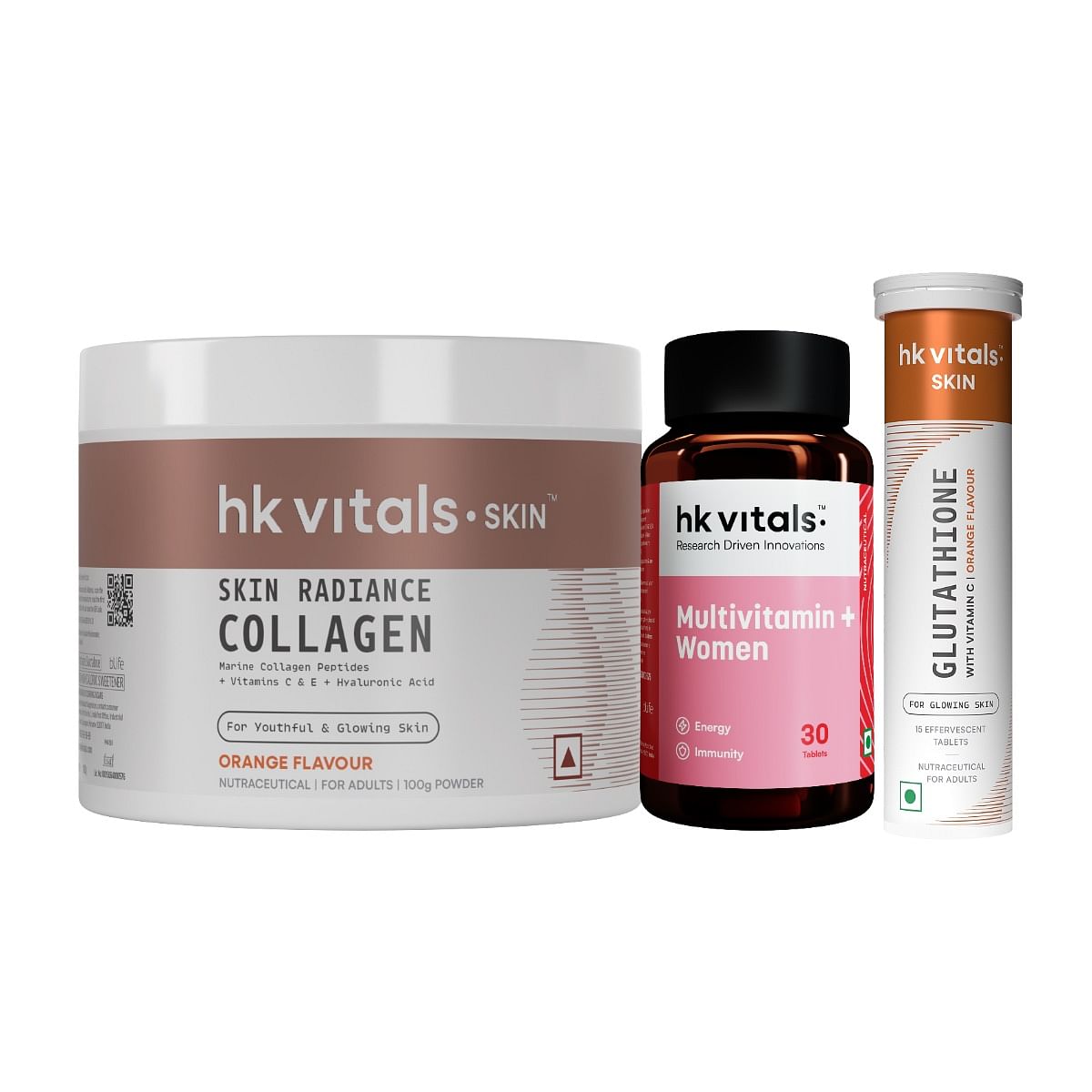 

HK Vitals Multivitamin Plus Women (30 Tablets) with Glutathione (Orange, 15 Effervescent Tablets) & Skin Radiance Collagen Supplement with Biotin,...