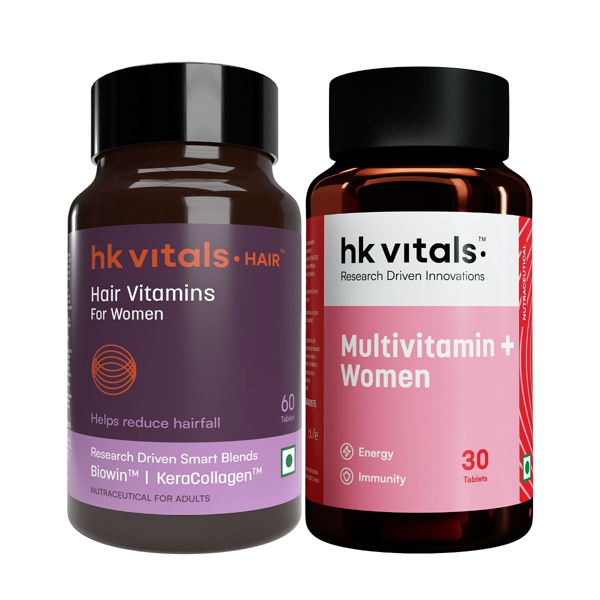 

HK Vitals Hair Vitamins for Women (60 Tablets) With Biowin™ & KeraCollagen™ | Helps Reduce Hairfall & Multivitamin Plus Women (30 Tablets)