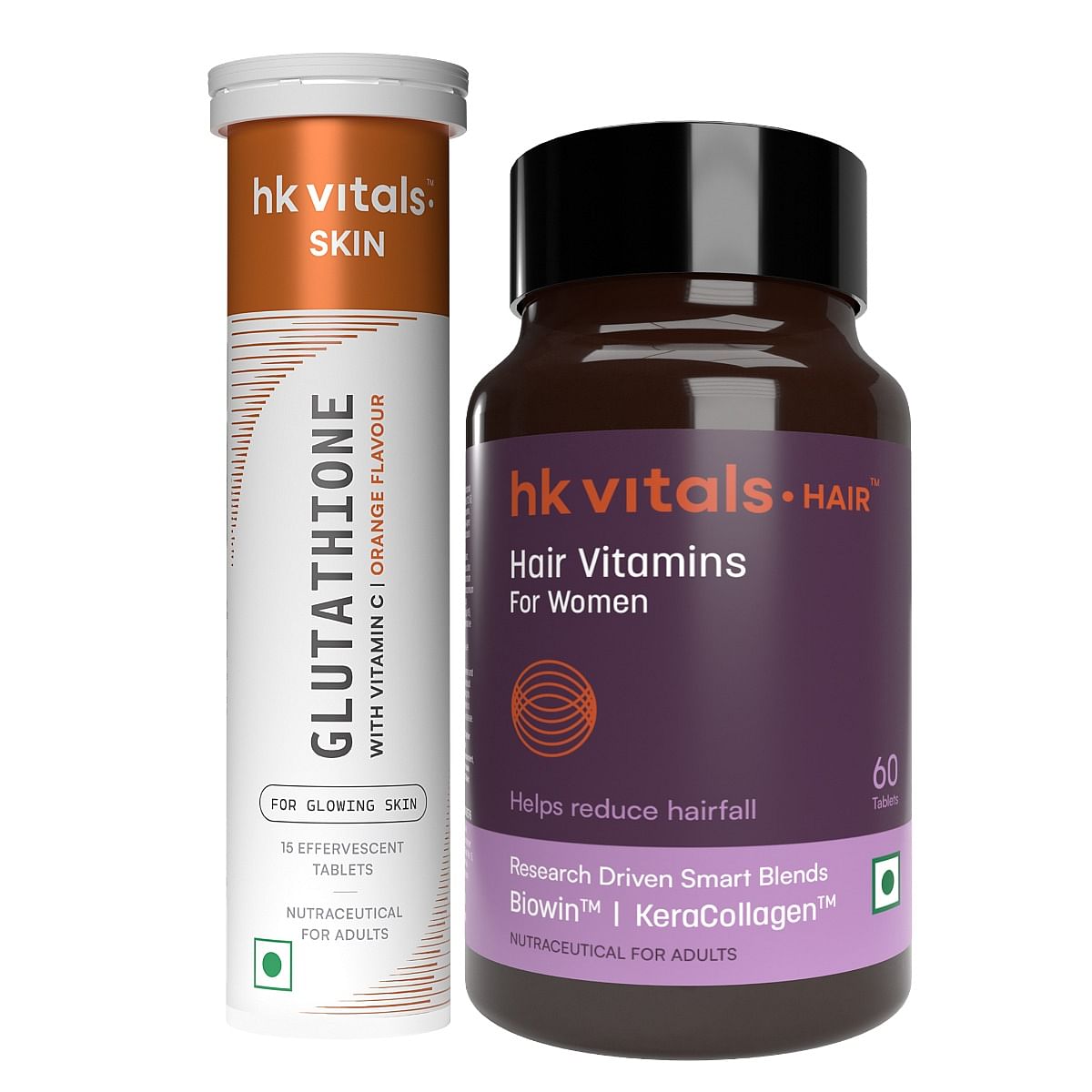

HK Vitals Glutathione (Orange, 15 Effervescent Tablets) with Hair Vitamins for Women (60 Tablets) | L-Glutathione Tablets with Vitamin C & E | For ...