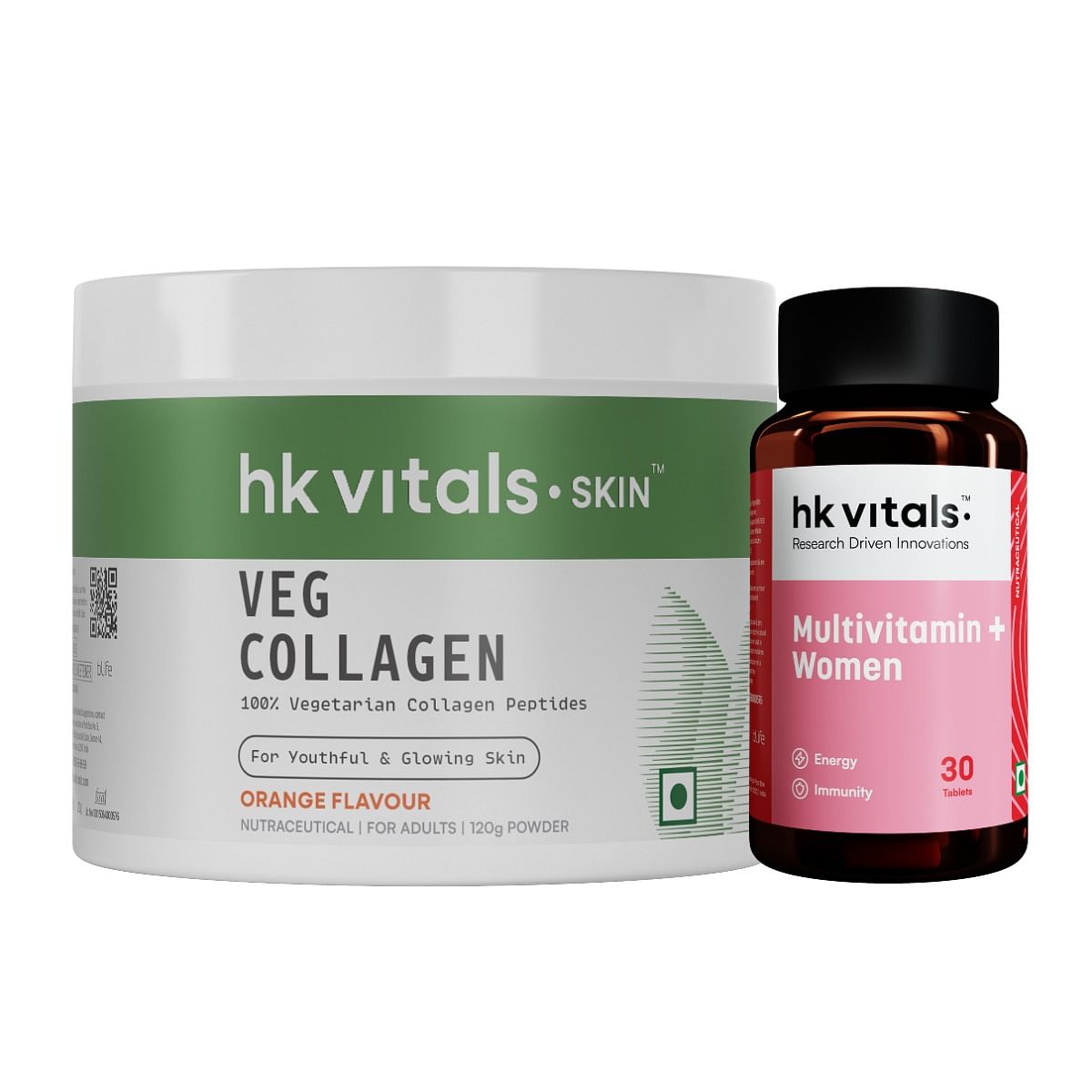

HK Vitals Multivitamin Plus Women (30 Tablets) with Veg Collagen Supplement (Orange, 120g) | Daily Multivitamin for Women | For Energy, Joints, Ski...