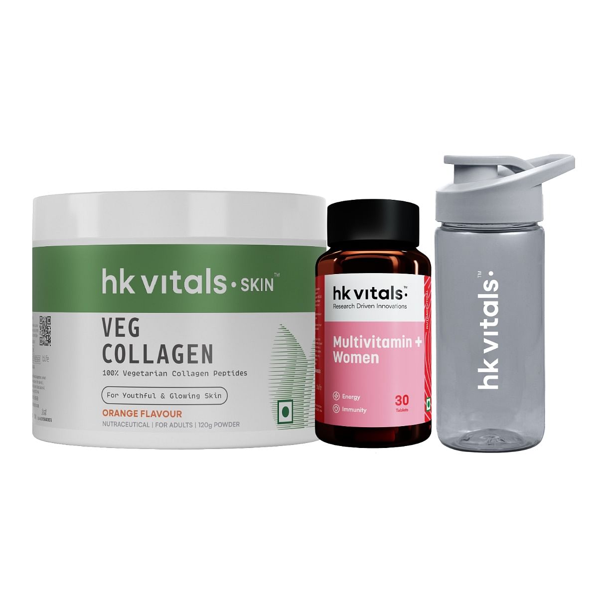 

HK Vitals Multivitamin Plus Women (30 Tablets) with Veg Collagen Supplement (Orange, 120g) & Sipper Bottle | Daily Multivitamin for Women | For Ene...