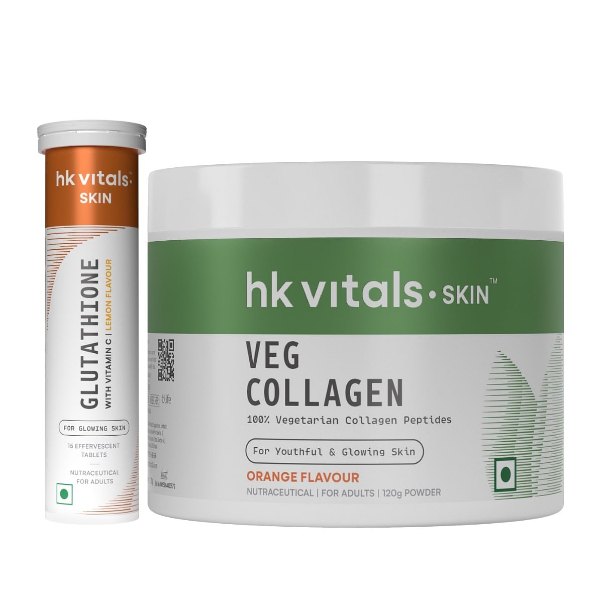 

HK Vitals Glutathione (Lemon, 15 Effervescent Tablets) with Veg Collagen Supplement (Orange, 120g) | L-Glutathione Tablets with Vitamin C & E | For...