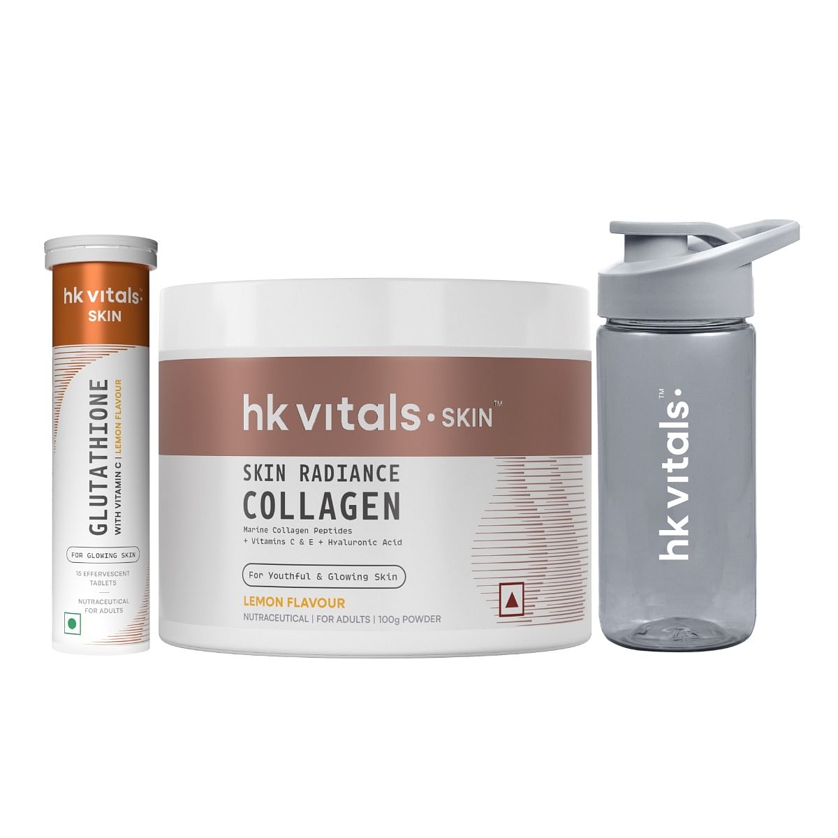 

HK Vitals Glutathione (Lemon, 15 Effervescent Tablets) with Skin Radiance Marine Collagen Supplement (Lemon, 100g) & Sipper Bottle | L-Glutathione ...