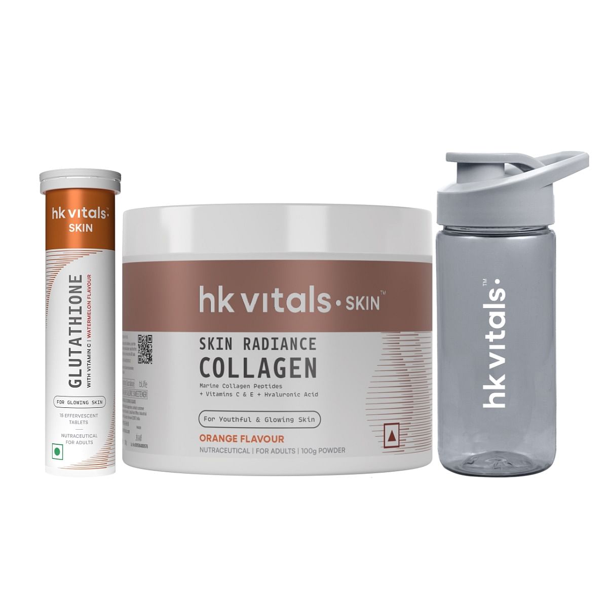 

HK Vitals Glutathione (Watermelon, 15 Effervescent Tablets) with Skin Radiance Collagen Supplement with Biotin, Orange, 100 g & Sipper Bottle| L-Gl...