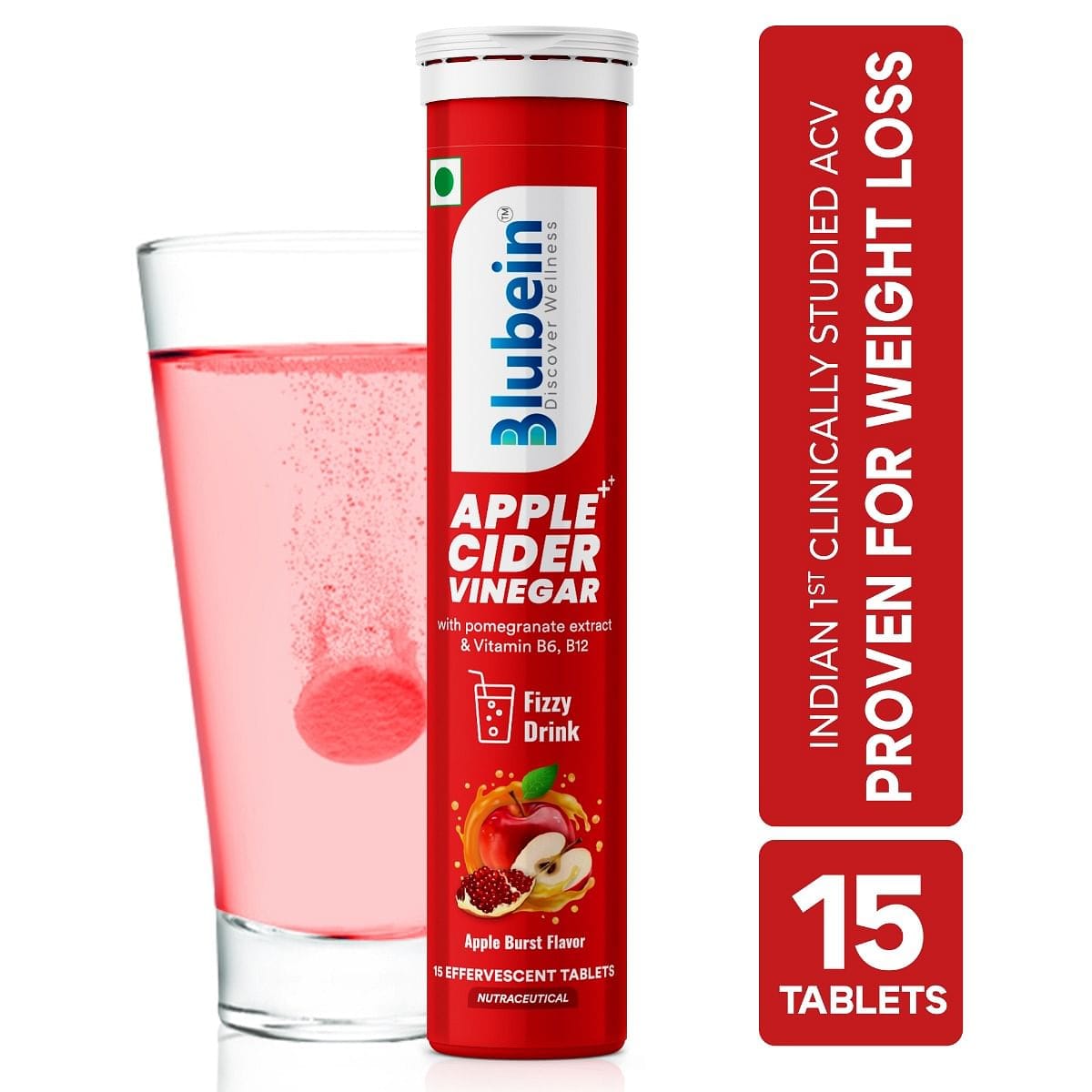 Blubein APPLE CIDER VINEGAR ++ Effervescent tablets with Vitamin B6 & B12, Pomegranate Extract | 100% Vegan | Sugarfree | Weight Management | Enhances digestion | Gut Health