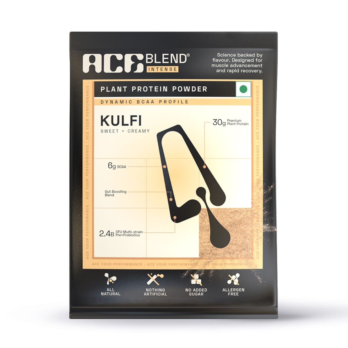 Ace Blend INTENSE, 30G A-Grade Vegan Plant Protein Powder for Men & Women, Sport Use, Complete BCAA Profile, Lean Muscle Growth & Recovery, Rapid Absorption, Gut Friendly | Kulfi | 15 Servings