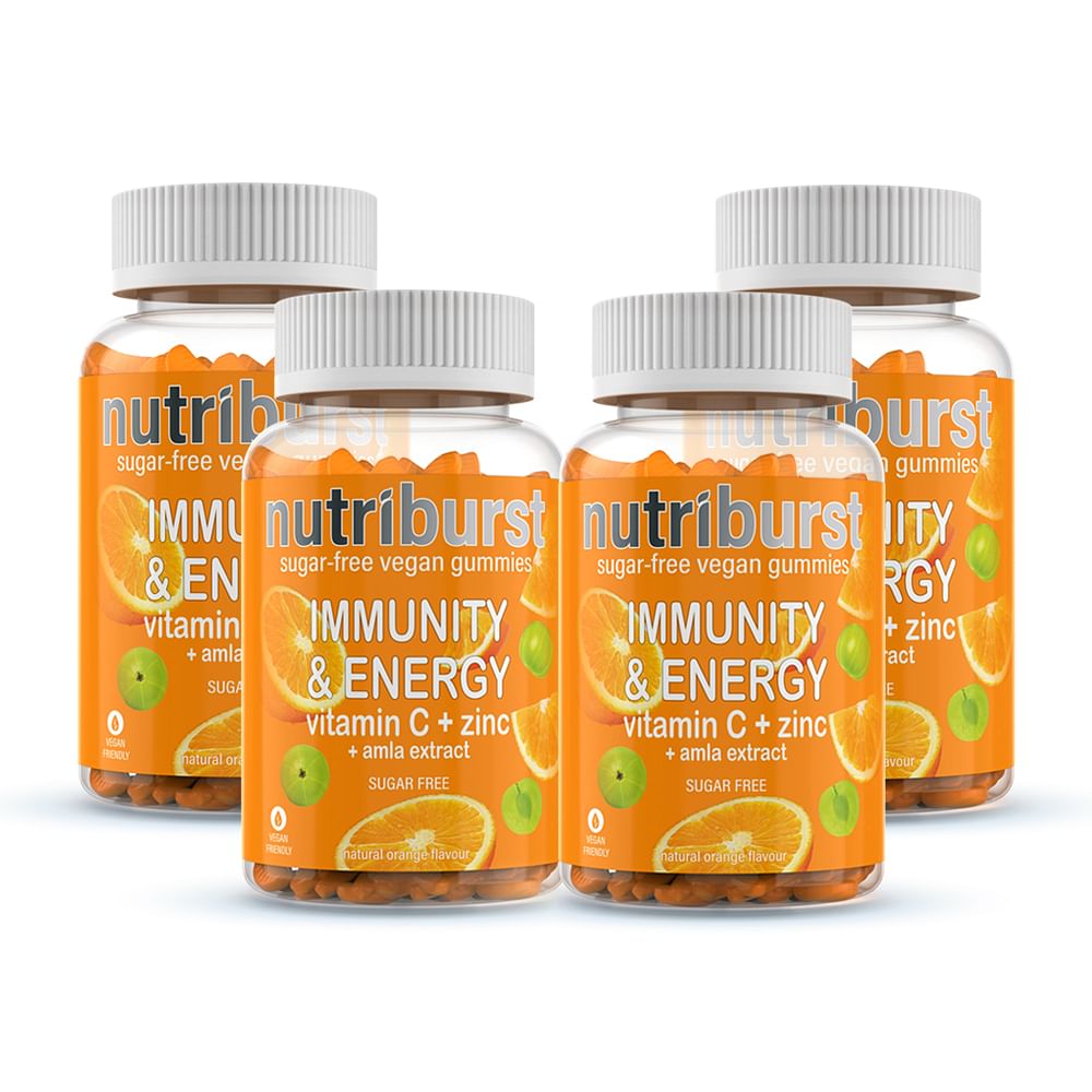 

NUTRIBURST Immunity Booster with Vitamin C, Zinc and Amla extract | VEGAN AND SUGAR FREE | Natural Orange Flavour | 60 Gummies (Pack of 4)