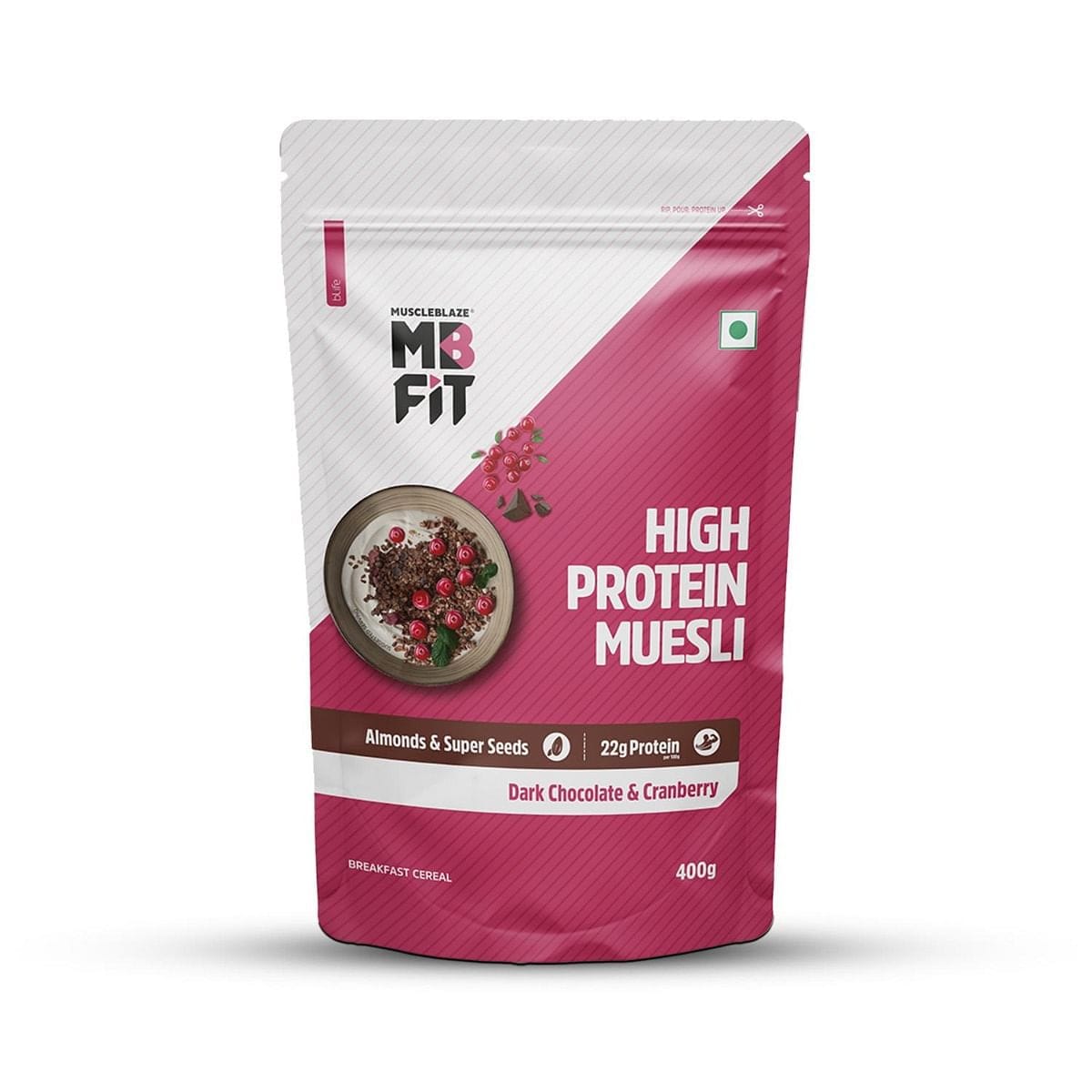 MuscleBlaze MB High Protein Muesli, Dark Chocolate & Cranberry, 22 g Protein, with Superseeds, Raisins & Almonds, Ready to Eat Healthy Snack