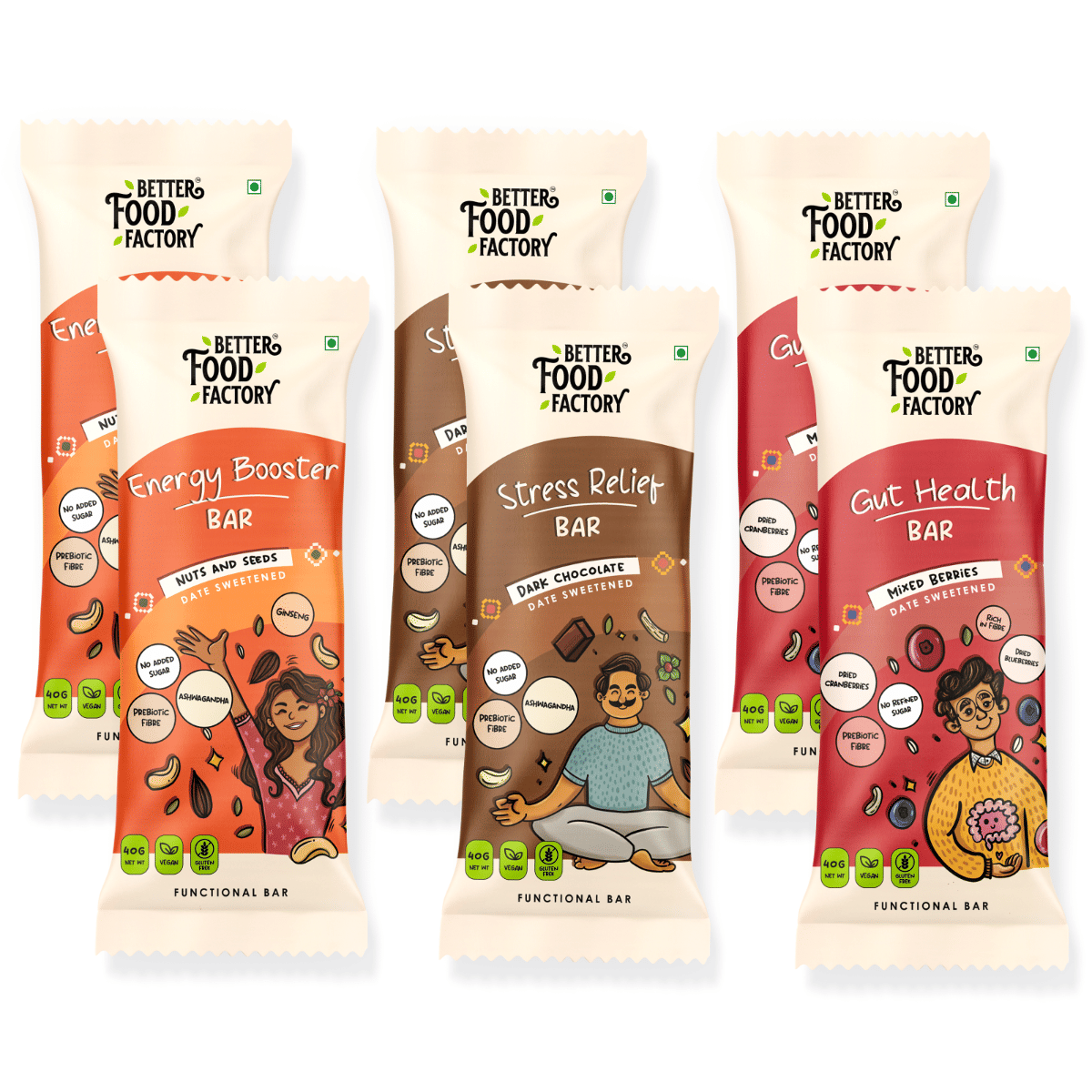 Better Food Factory - Gut Health, Energy Booster and Stress Relief Bars Combo (Each 2) - Healthy and Tasty Energy Bar (Date Sweetened) - With No Added Sugar, No Trans Fat, No Cholesterol & Preservertives|Combination