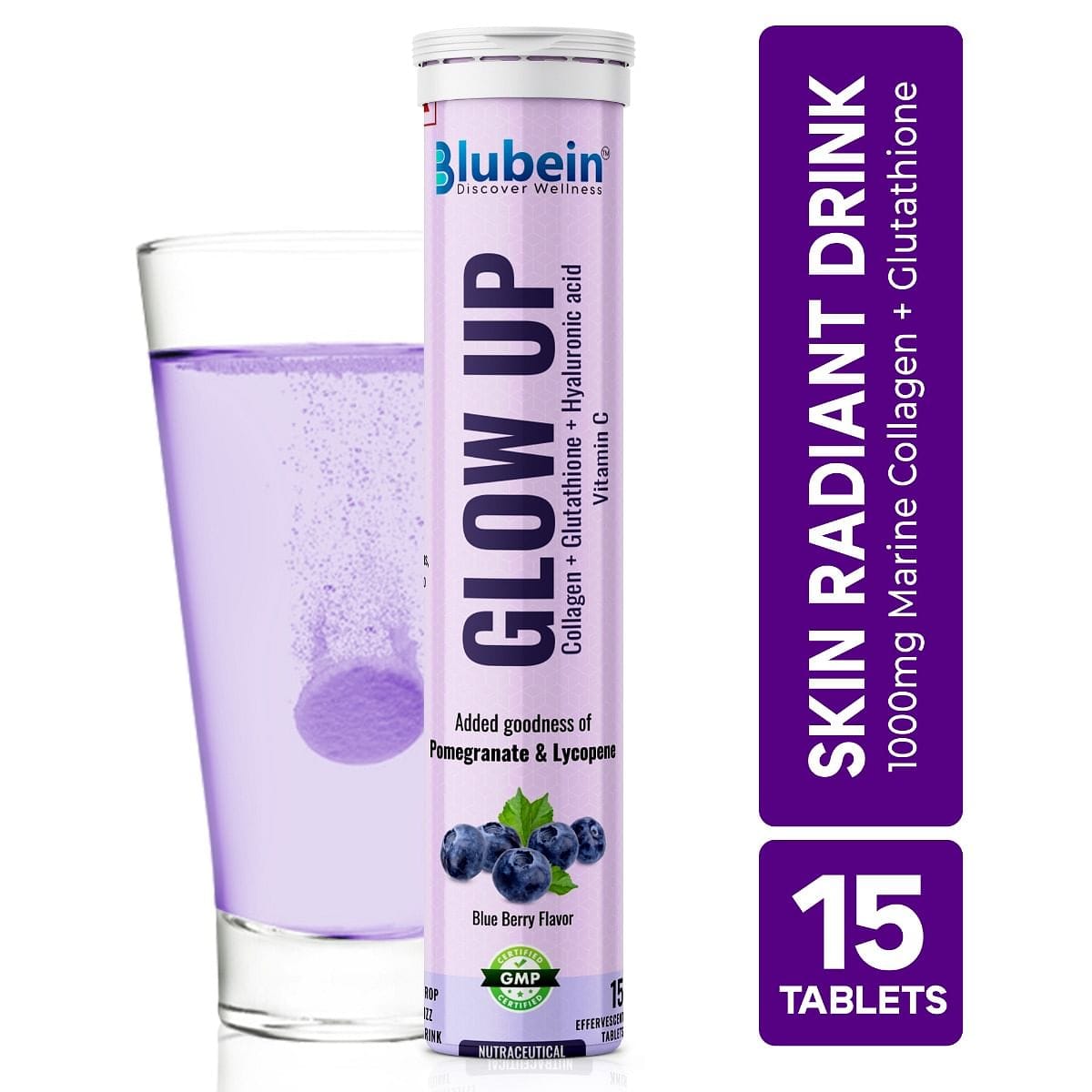 Blubein Glow Up - Radiant Skin Care Drink | 1000mg Marine Collagen with Glutathione & Vitamin C for Youthful Skin | Green Tea Extract – Blueberry Flavor-image-15