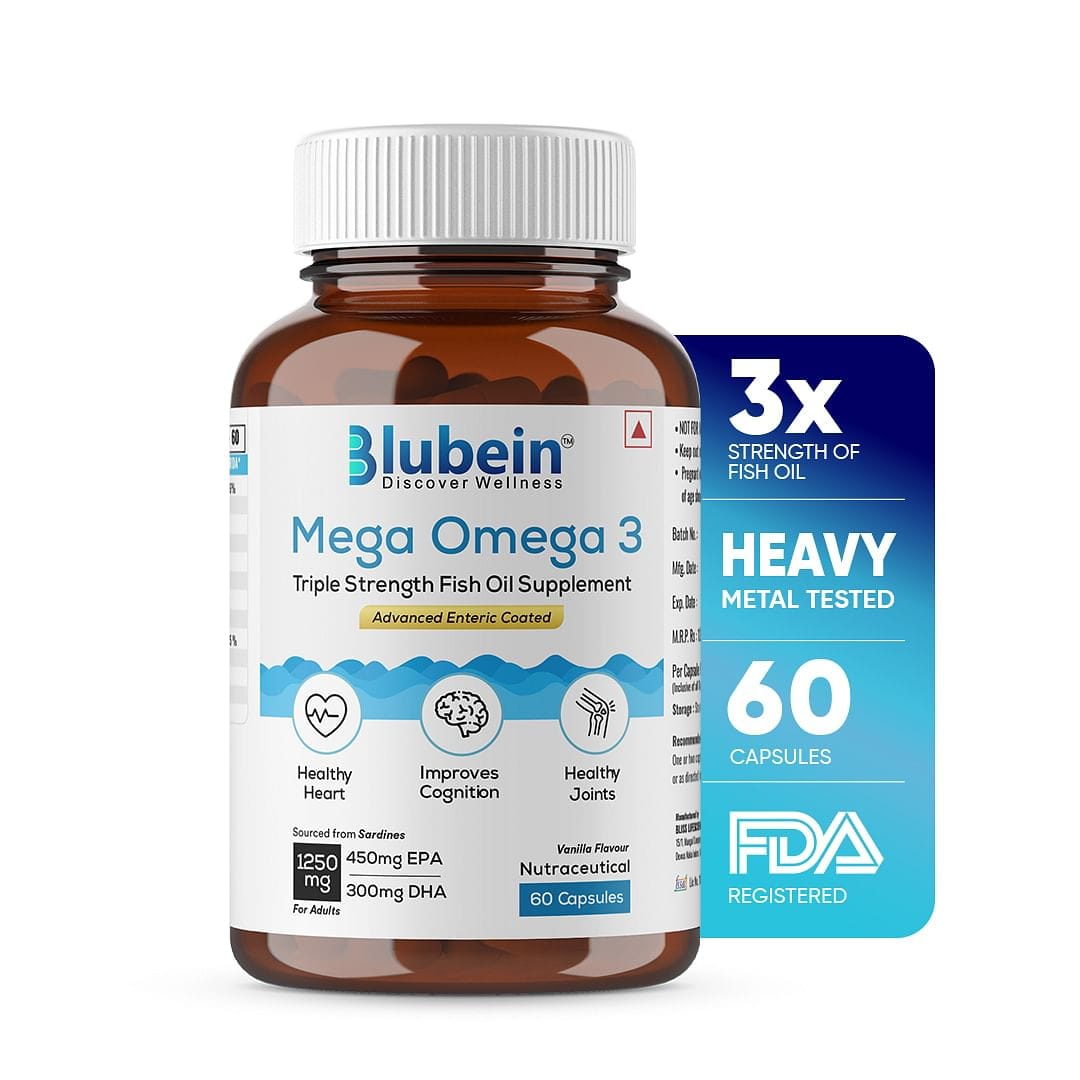 Blubein Mega Omega 3 Fish Oil Capsules for Men & Women, Triple Strength with 1250 mg (450 mg EPA & 300 mg DHA) for Muscle Recovery, Joints & Brain