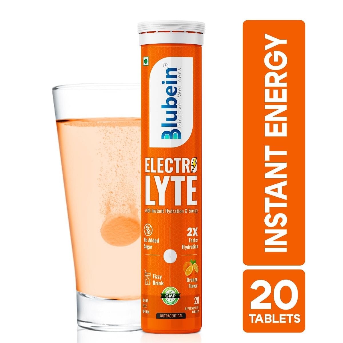 Blubein Electrolyte ++ Effervescent tablets | Instant Hydration | Energy Booster| Orange Flavour