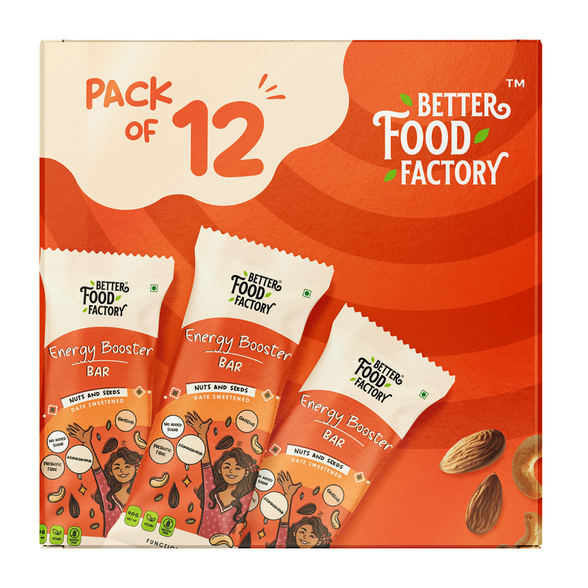 

Better Food Factory Energy Booster - (Pack Of 12 X 40G) Energy Bar with 4G Protein & 4G Fiber Each - Healthy and Tasty Energy Bar (Date Sweetened) ...