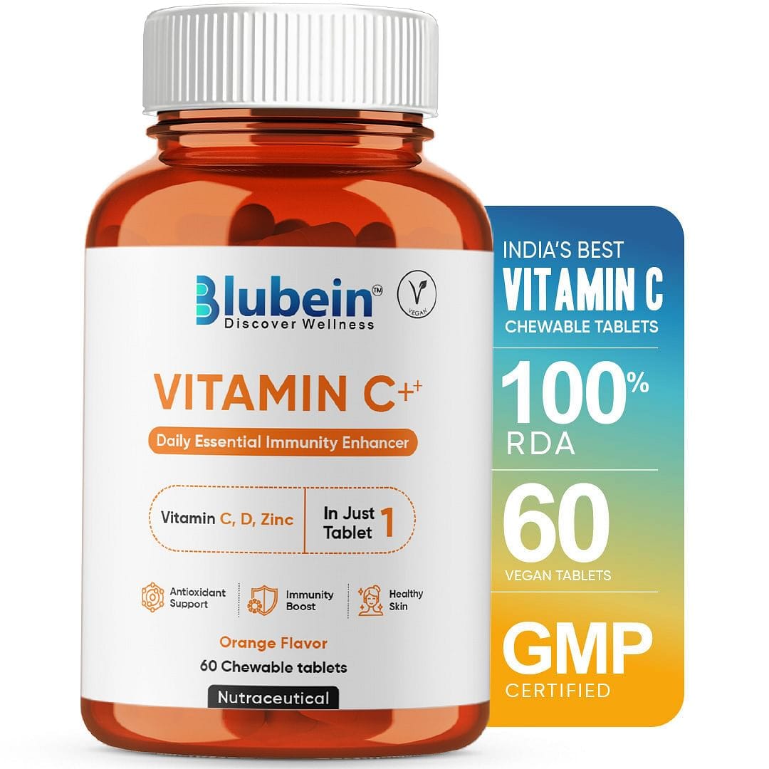 Blubein Vitamin C Chewable Tablets with Vitamin D, Zinc, Amla Extract & Antioxidants | Boosts Immunity & Skin Glow | Orange Flavour
