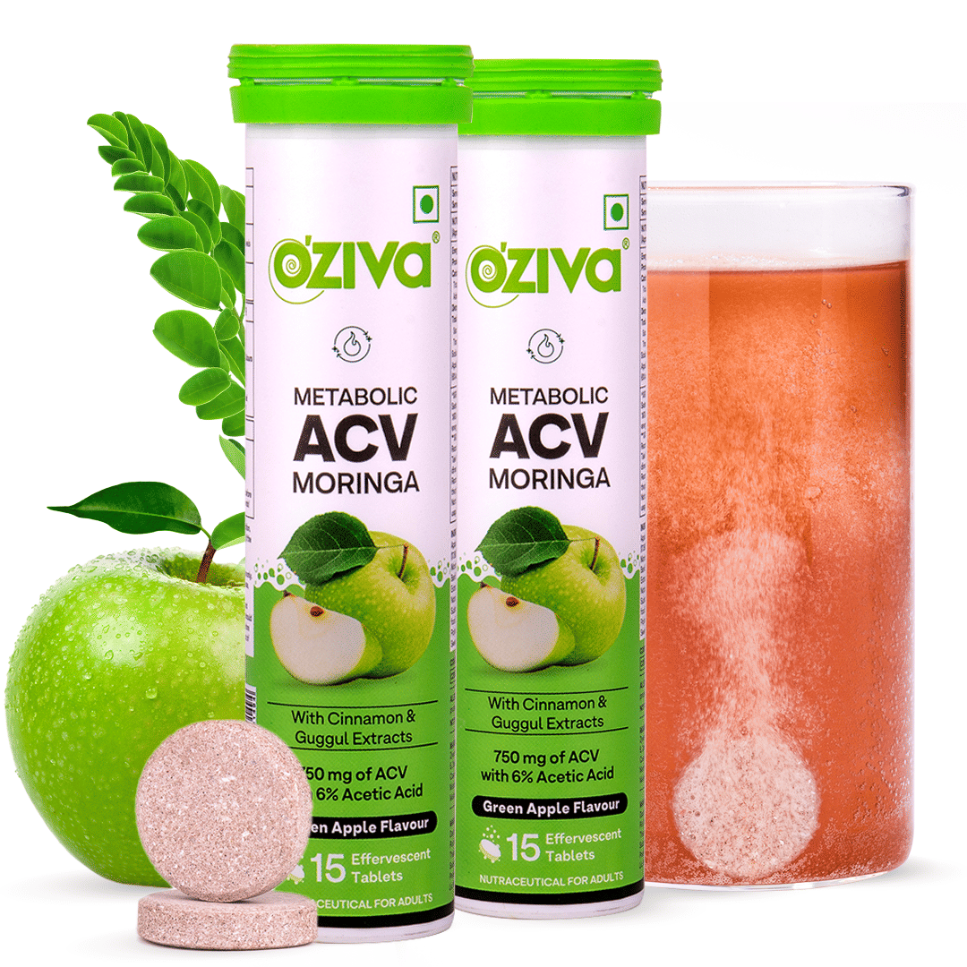 OZiva ACV (Apple Cider Vinegar) Moringa to Control Cravings| No Maltodextrin, No Added Sugar | 15 Effervescent Tablets - Green apple
