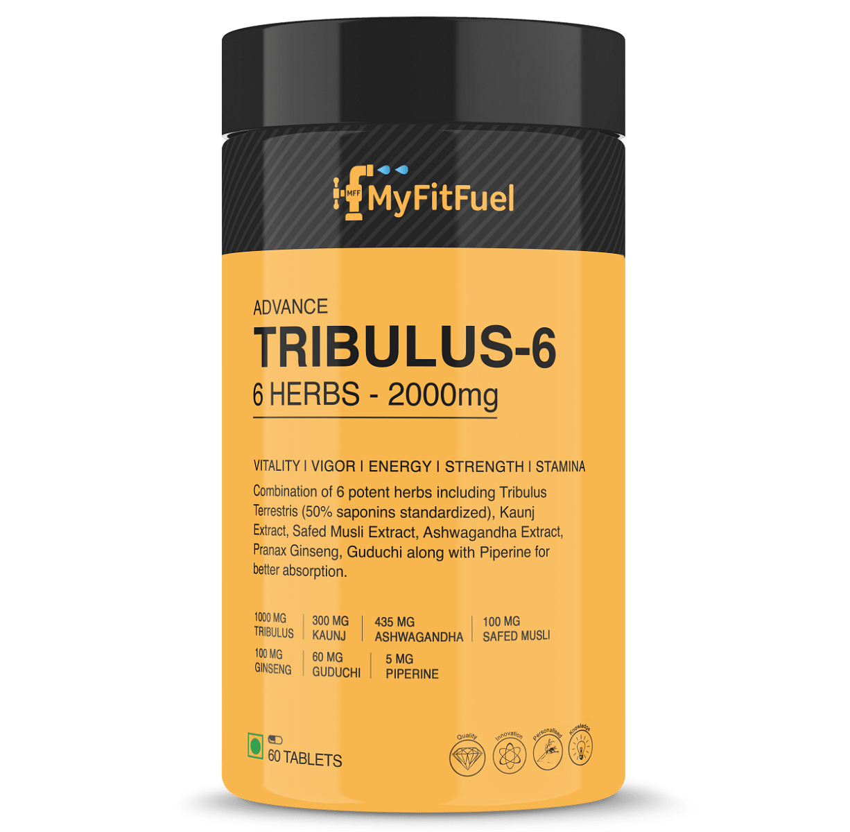 MyFitFuel Tribulus-6 (6 Herbs- Tribulus, Ginseng, Kaunj, Safed Musli, Ashwagandha, Guduchi & Piperine 95%) (2000mg) (50% Saponins) Natural Testosterone Support For Performance, Muscle & Energy