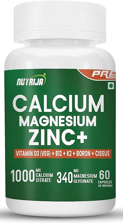 

NutriJa Calcium Magnesium Zinc with Vitamin D3, Boron, K2 & B12 | Complete Bone Health & Joint Support Supplement for Men & Women (60 Capsules)