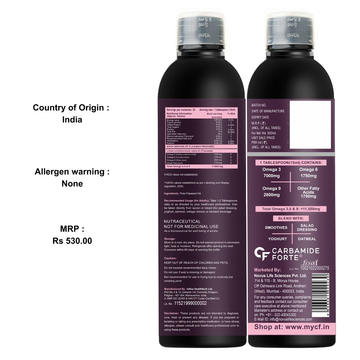 Carbamide Forte Cold Pressed Flaxseed Oil 500ml Omega 3 6 9 per