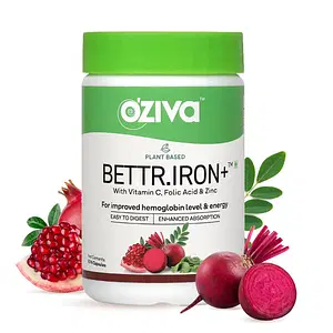 Oziva Bettr.Iron+ (Plant Based Iron, Vitamin C, Folic Acid, Zinc & Moringa) For Improved Hemoglobin, Oxygen Binding & Immunity, Iron Supplements, 60 Capsules