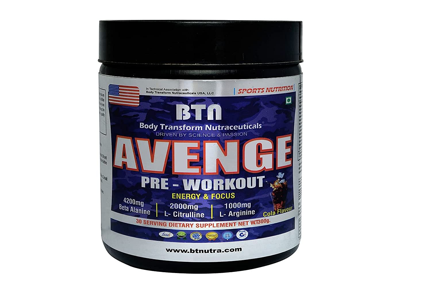 

Body Transform Nutraceuticals BTN AVENGE PRE-WORKOUT Supplement (30 Servings, Cola Flavour ) For Performance , Energy Boost & Focus