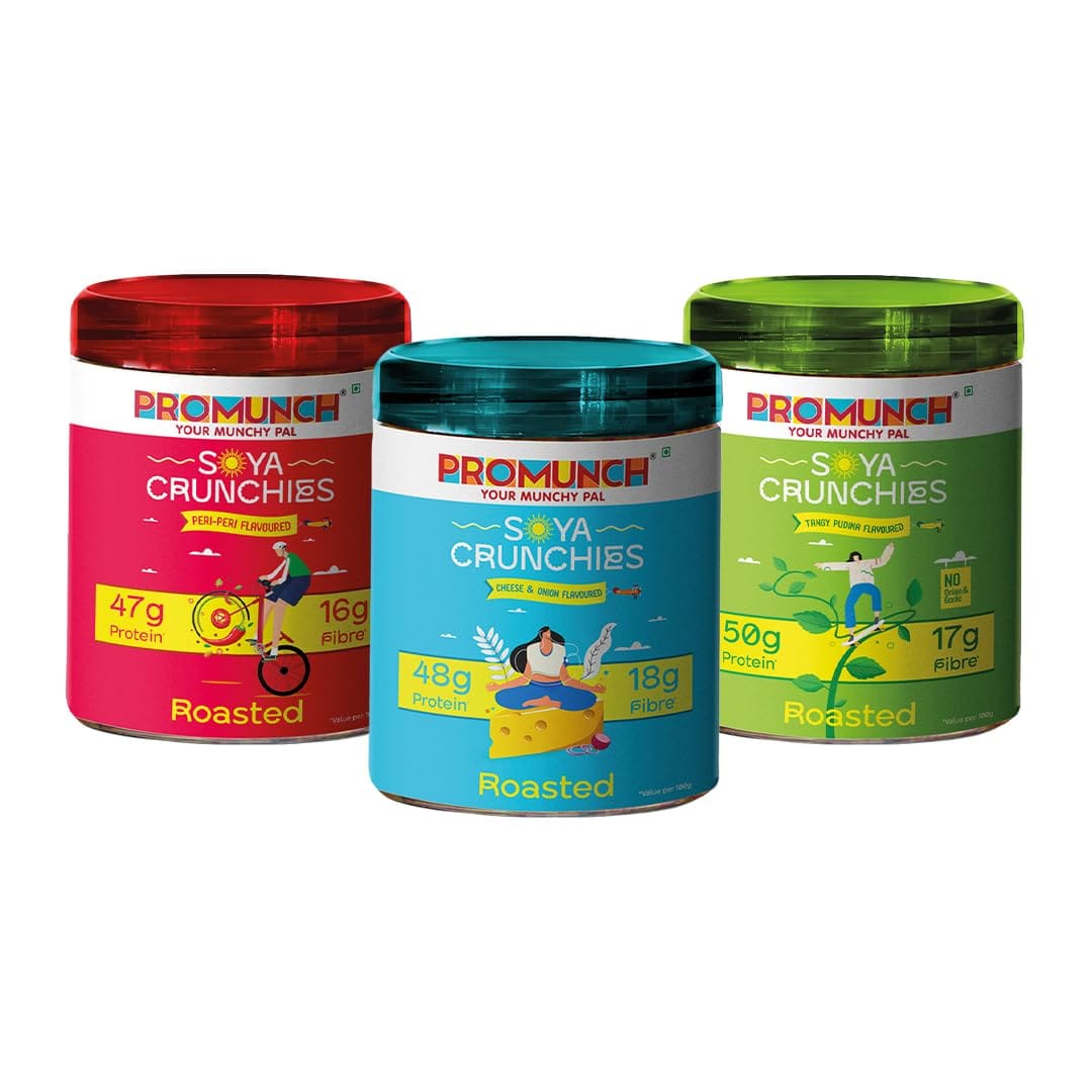 

PROMUNCH Soya Crunchies | High-Protein | Healthy | Gluten-Free | Combo of 3 Packs, Flavour: Cheese & Onion, Tangy Pudina and Peri- Peri, 150 g Each
