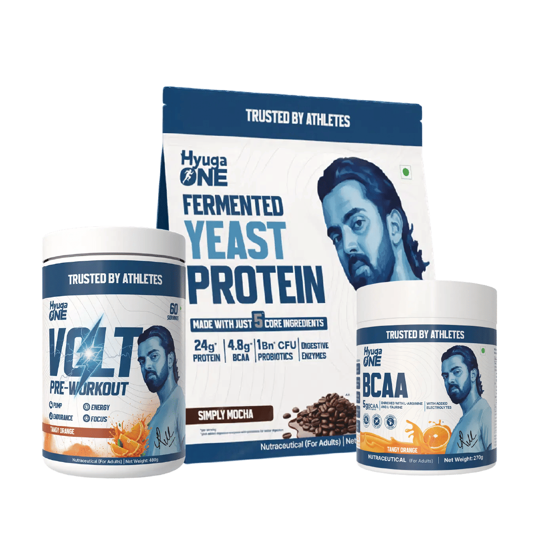 

Hyuga One Nutrition Combo : Yeast Protein Mocha Coffee 1kg (24g Protein, Probiotics), VOLT Pre-Workout Tangy Orange 480g (100mg Caffeine), BCAA Tan...