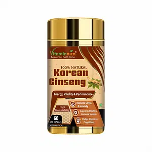 Vitaminnica Korean Ginseng | Energy Vitality & Performance | Reduces Stress & Anxity, Supports Healthy Immune System & Helps Improve Cognition | 60 Veg Capsules 