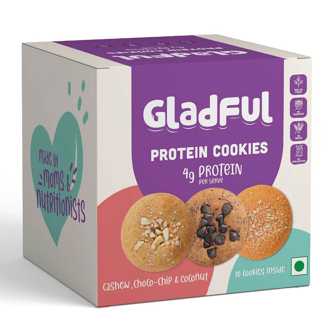 

Gladful Assorted Protein Cookies (Pack of 1, 80gm) (Choco-chip+Cashew+Coconut)