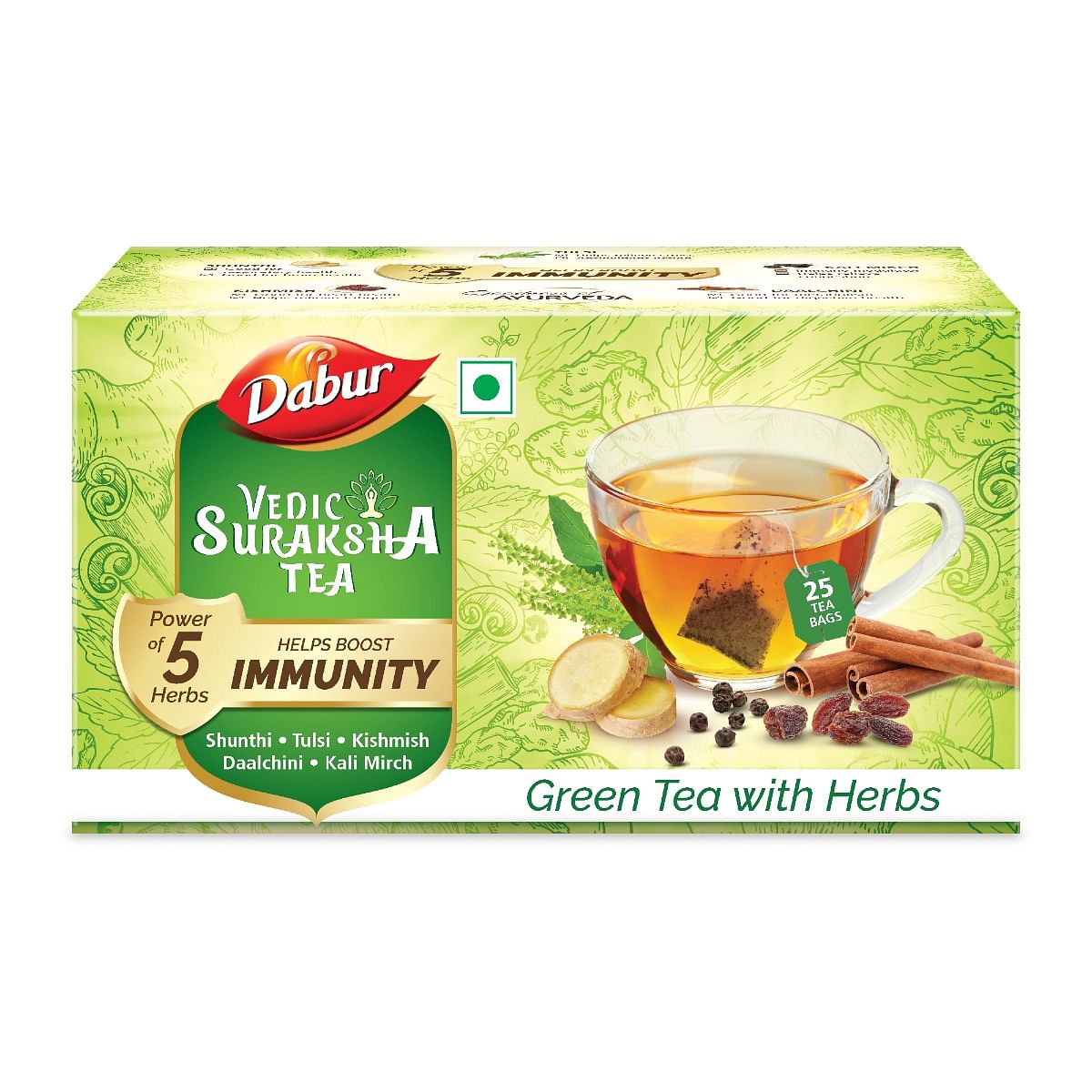 

Dabur Vedic Suraksha Green Tea - 100 tea bags | Immunity Booster| with the Goodness of 5 Ayurvedic Herbs