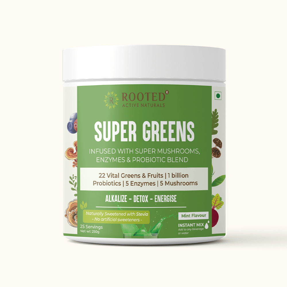 

Rooted Actives Superfood Greens, Mushrooms & Herbs blend| (250 g), 22 Daily Greens & Fruits, 5 Mushrooms, Probiotics & Enzymes | Rich in vitamins, ...