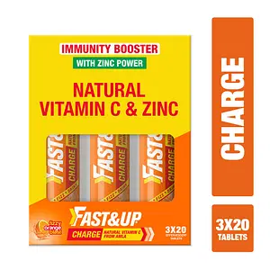 Fast & Up Charge Natural Vitamin C & Zinc Effervescent Tablets with Amla - Orange (3 x 20 Tablets)