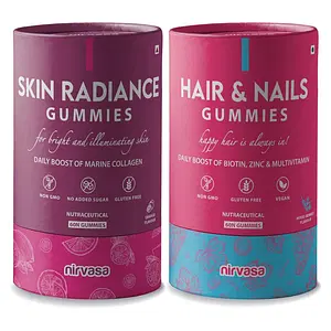 Nirvasa Skin Radiance Gummies and Hair & Nails Gummies Combo | Retains Skin Hydration, Fights Age Factors, Improves Hair Health, Reduces Hair Fall | Sugar & GMO-Free, FSSAI-Certified | 60 + 60 Gummies