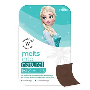 Wellbeing Nutrition Frozen Elsa Melts | Kids Organic Vitamin B12, D3+K2 & Folate | 100% RDA, Plant Based for Bone & Muscle health, Immune Support| Exotic Mango Flavor (30 Oral Strips)