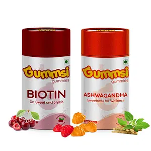 Gummsi Gummies Biotin & Ashwagandha Gummies, with KSM 66 Ashwagandha & Vitamin D, Improves Bone, with Zinc, Vitamin C, A, & E, Vegan, for Healthier Skin, Hair & Nails | 30 Gummies Each (Pack of 2)