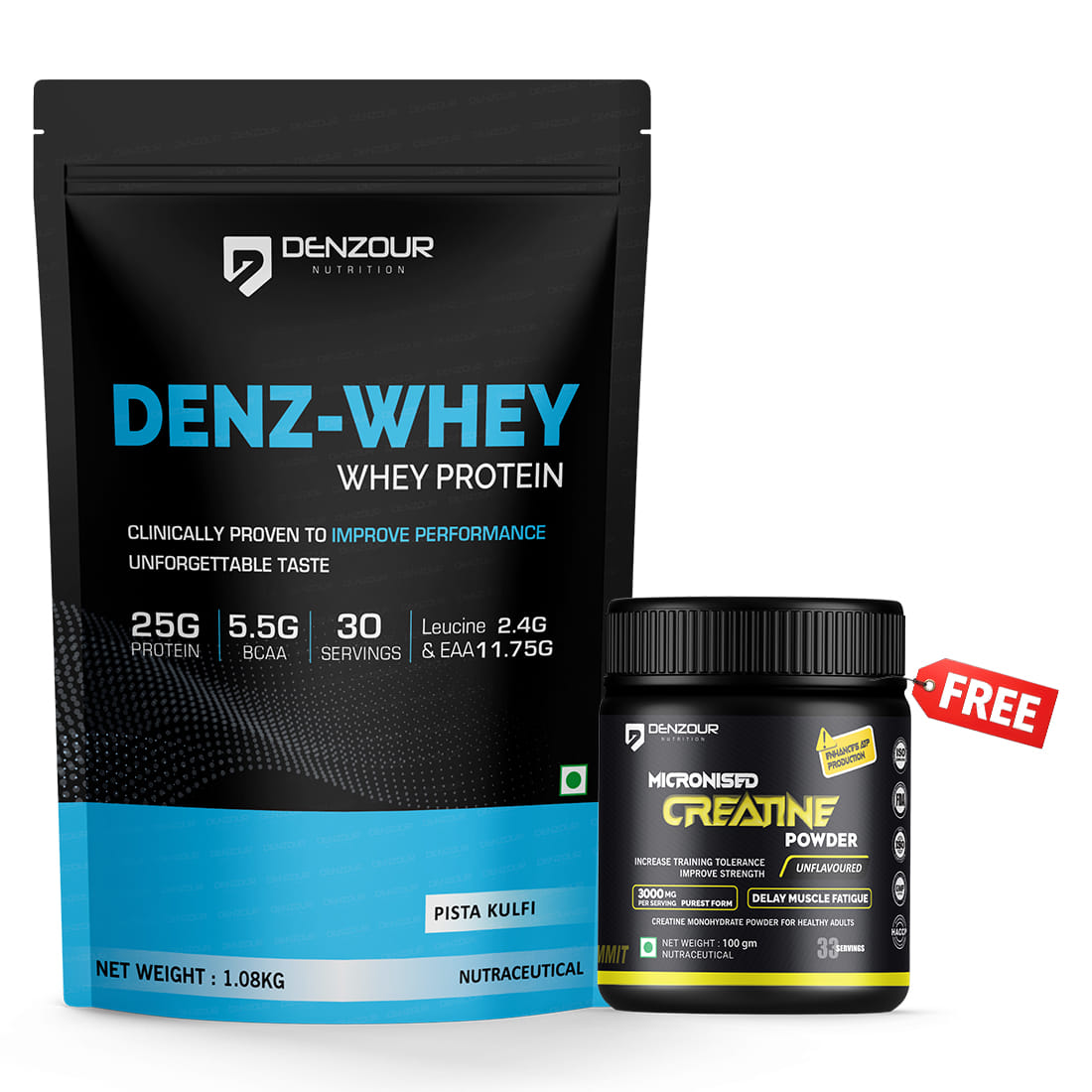 Denz Whey Protein 1kg. Pista Kulfi Flavour + Free Creatine Unflavoured 100g