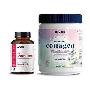 Nirvasa Daily Multivitamins & Plant Based Collagen Builder Powder Combo | Supports Immunity, Hair, Skin & Nails Health | Multi-Blended Natural & Organic Formulations | 60 Tablets & 250g Powder