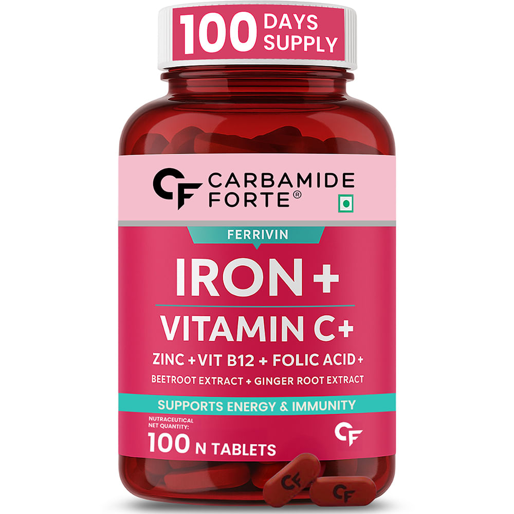 

Carbamide Forte Iron + Vitamin C + Folic Acid Supplement | 100 Tablets | Energy | Immunity