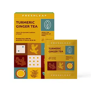 FRESHLEAF Turmeric Ginger Herbal Tea for Sore Throat Prevention and Boosting immunity, Spiced, Rich With Antioxidants, 20 Pyramid Tea Bags, 40 Grams